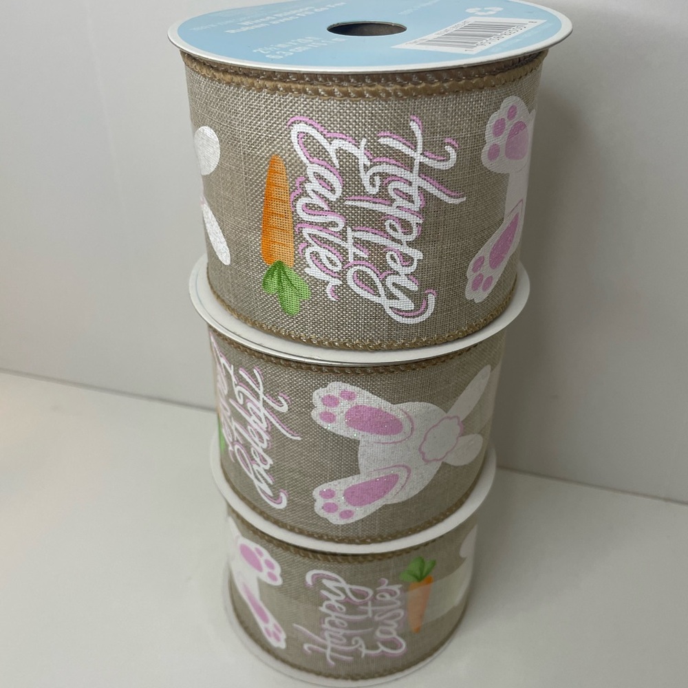Burlap Ribbon with Colorful Bunny Design, Easter ribbon (wired ribbon) 2.5”x20ft